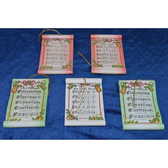 Christmas Music Sheet Scroll Ornaments Holiday Set of 5 Reversible Vintage - Picture 1 of 7